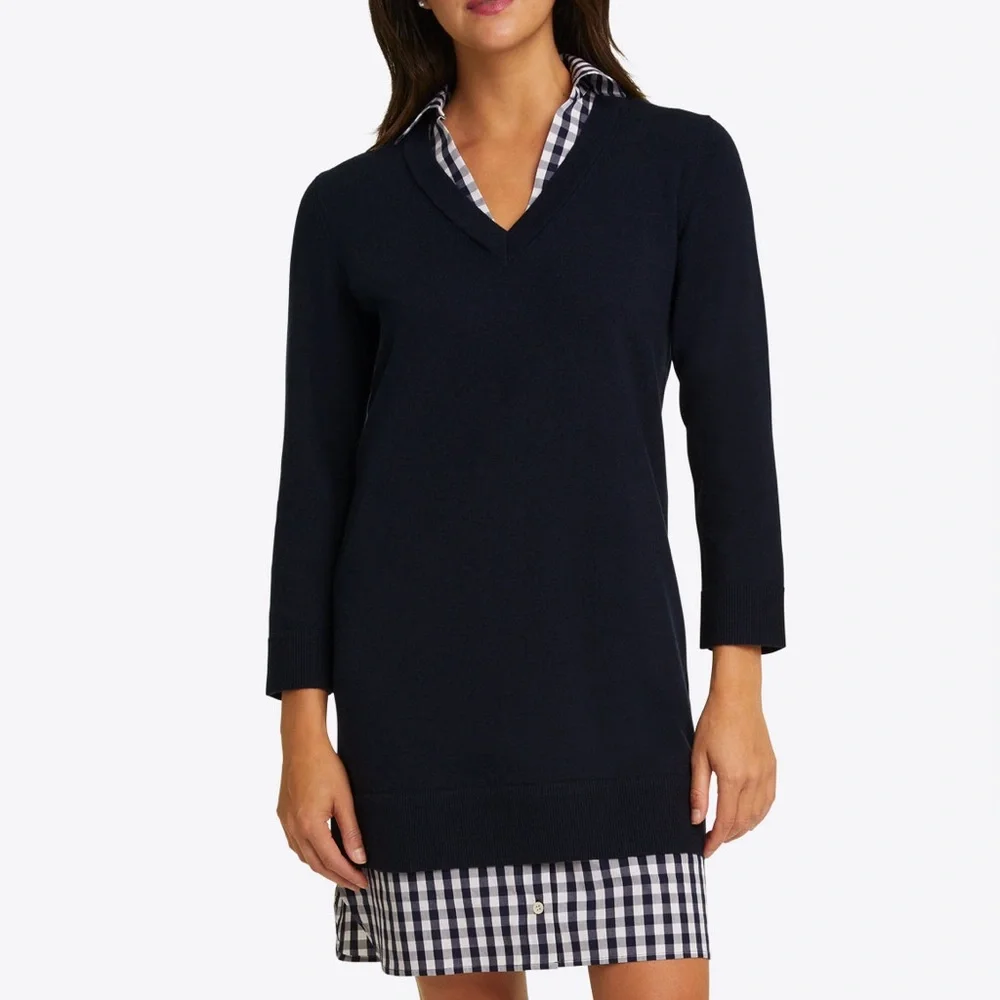 DRAPER JAMES Wool and Cotton Combo Sweaterdress in Navy Blue White Checkered - Picture 10 of 10
